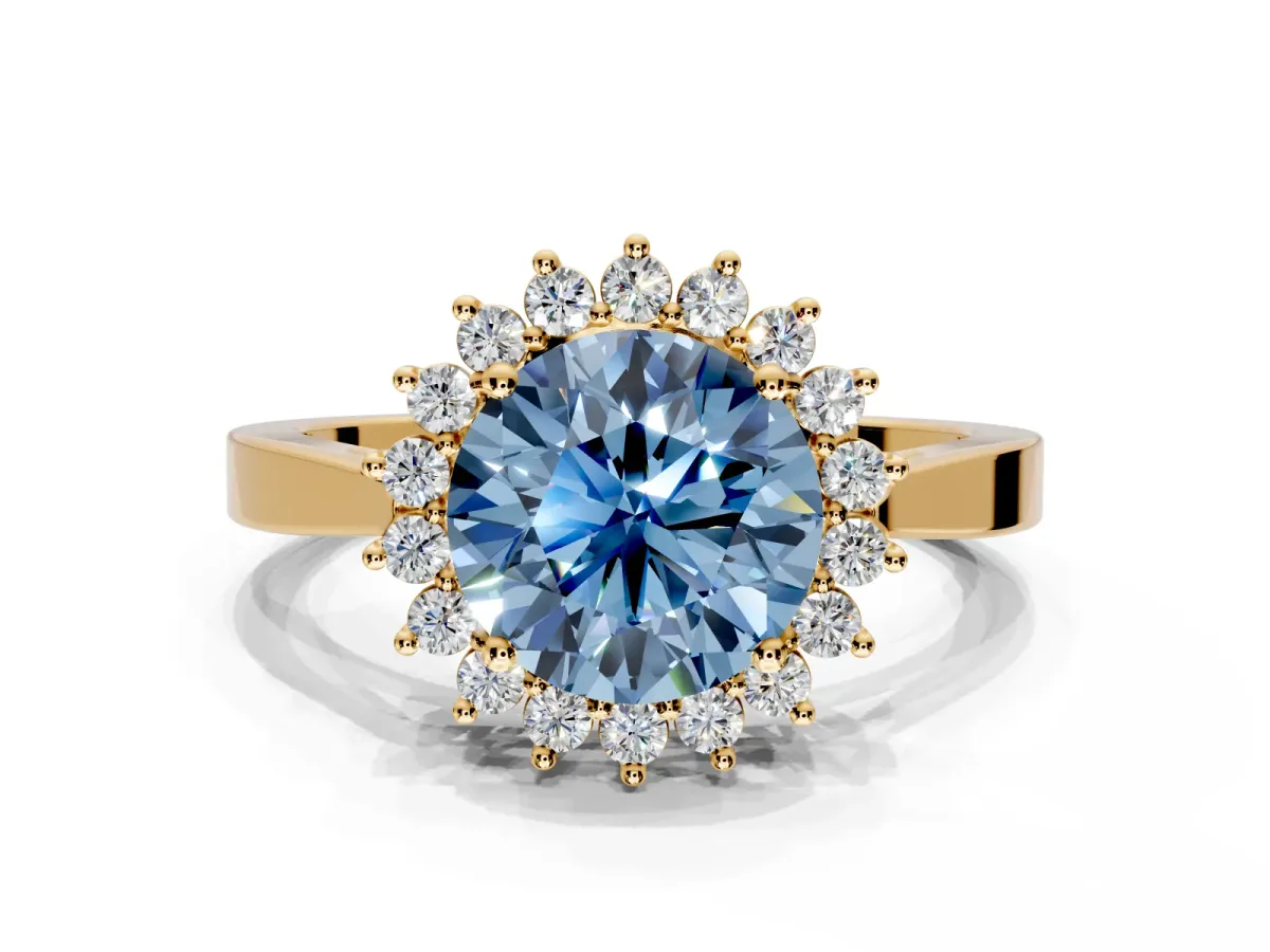 Starburst Halo Engagement Ring Setting for Fancy Blue Round Cut Center with Flat Cathedral Band and Prong Head in Yellow Gold