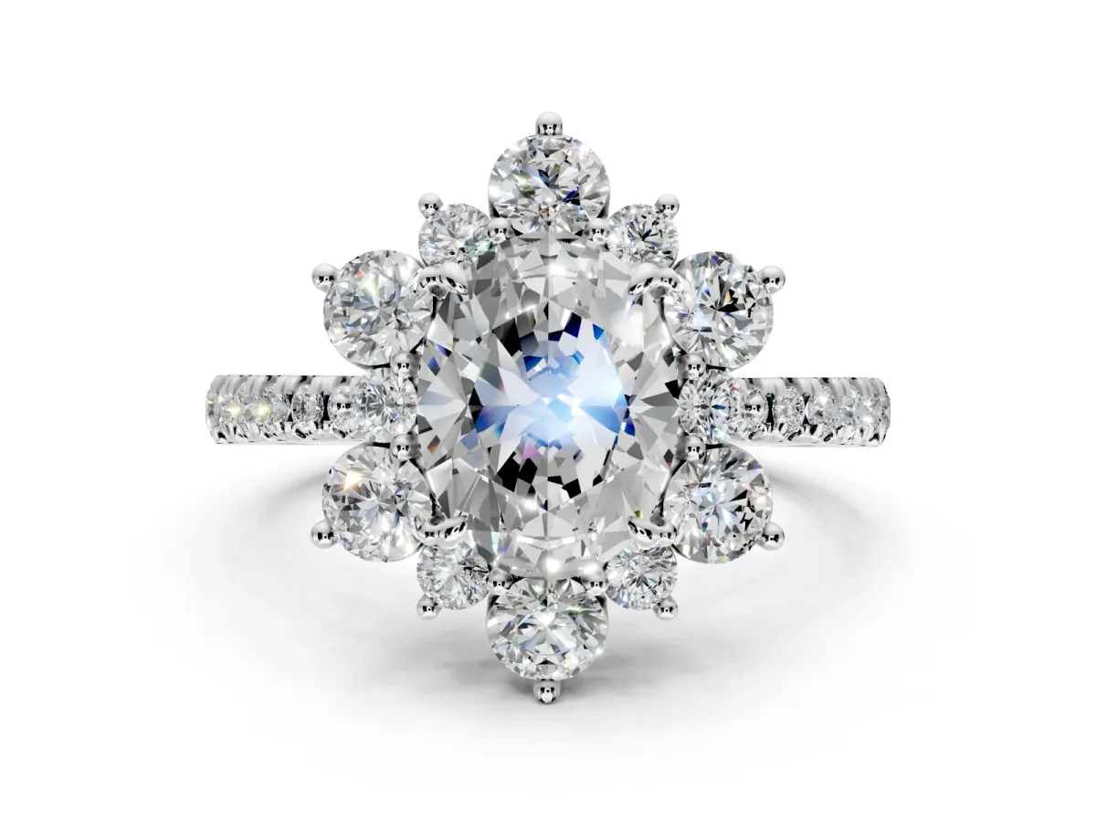 Floral Halo Engagement Ring Setting for Oval Center with Pave Accents and Prong Head in Platinum