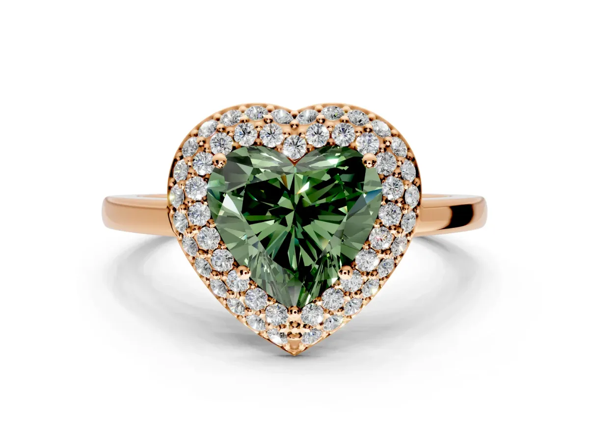 Halo Engagement Ring Setting for Fancy Green Heart-Shaped Center with Plain Tapered Band and Prong Head in Rose Gold