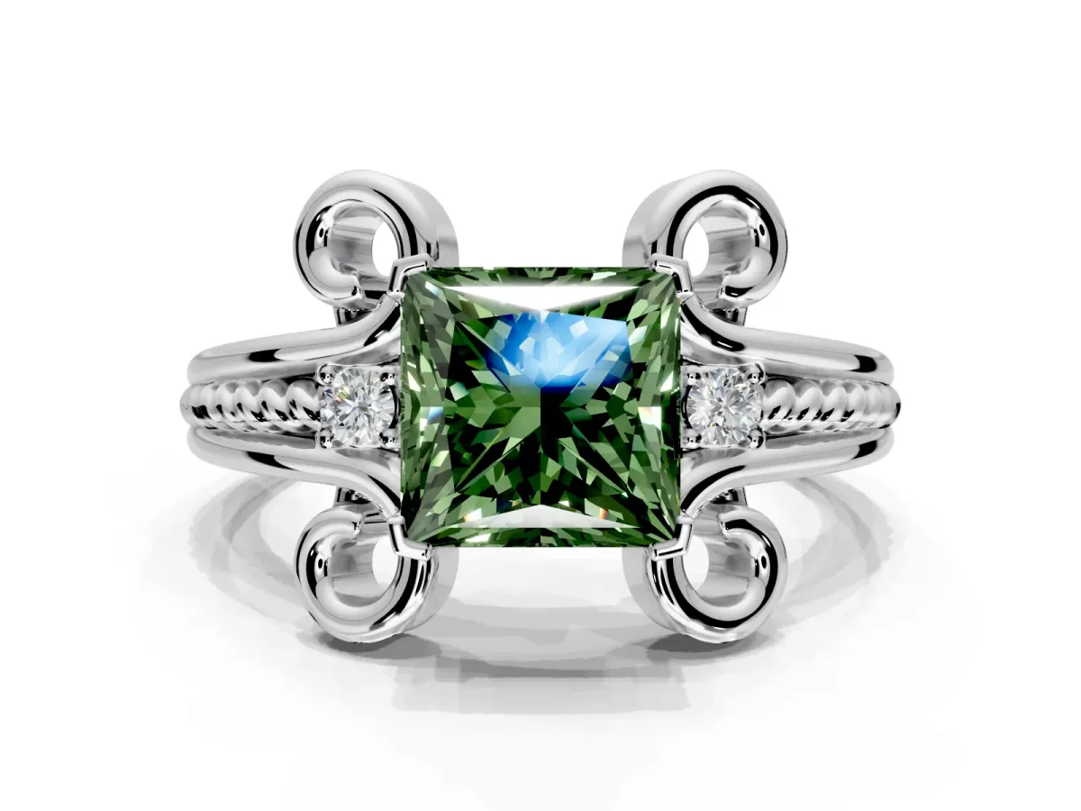 Solitaire Engagement Ring Setting for Fancy Green Princess Cut Center with Twisted Band and Scroll Prong Head in Platinum