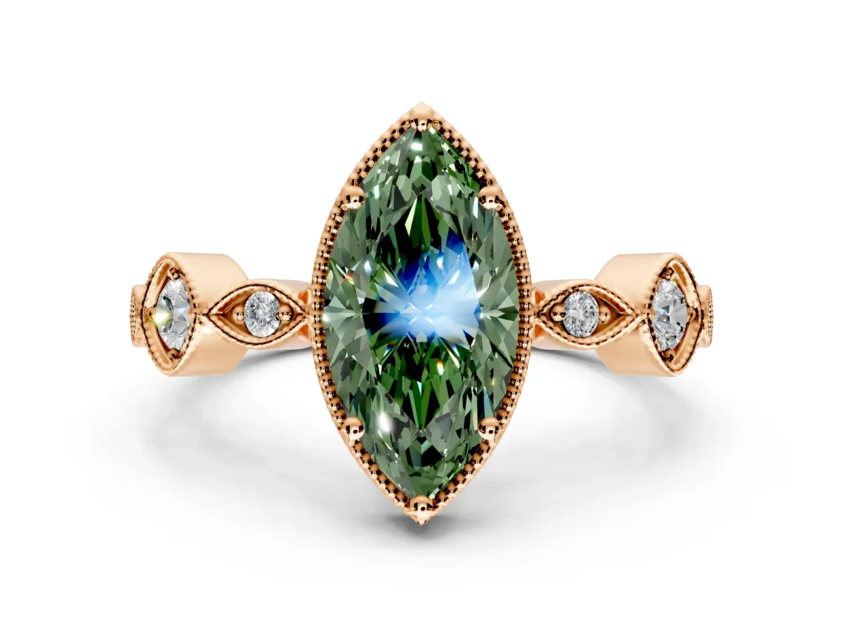 Vintage Station Engagement Ring Setting for Fancy Green Marquise Center with Accents and Prong Head in Rose Gold