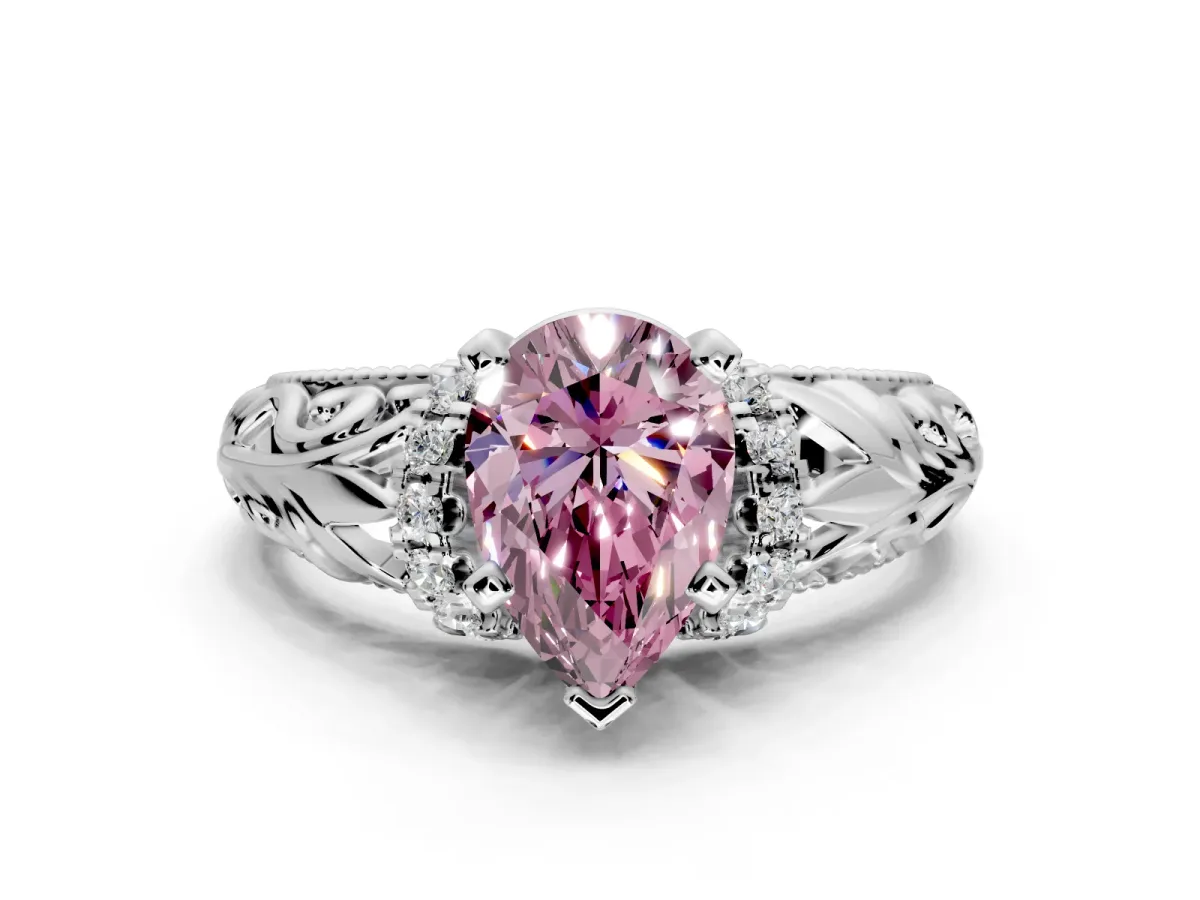 Solitaire Engagement Ring Setting for Fancy Pink Pear-Shaped Center with Filigree Accent Basket and Prong Head in Platinum