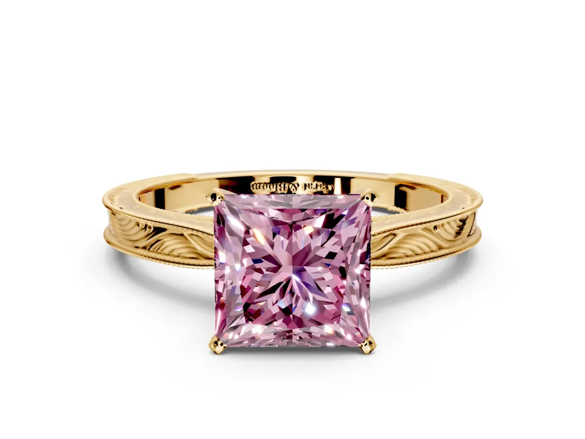 Solitaire Engagement Ring Setting for Fancy Pink Princess Cut Center with Engraved Milgrain Band and Prong Head in Yellow Gold