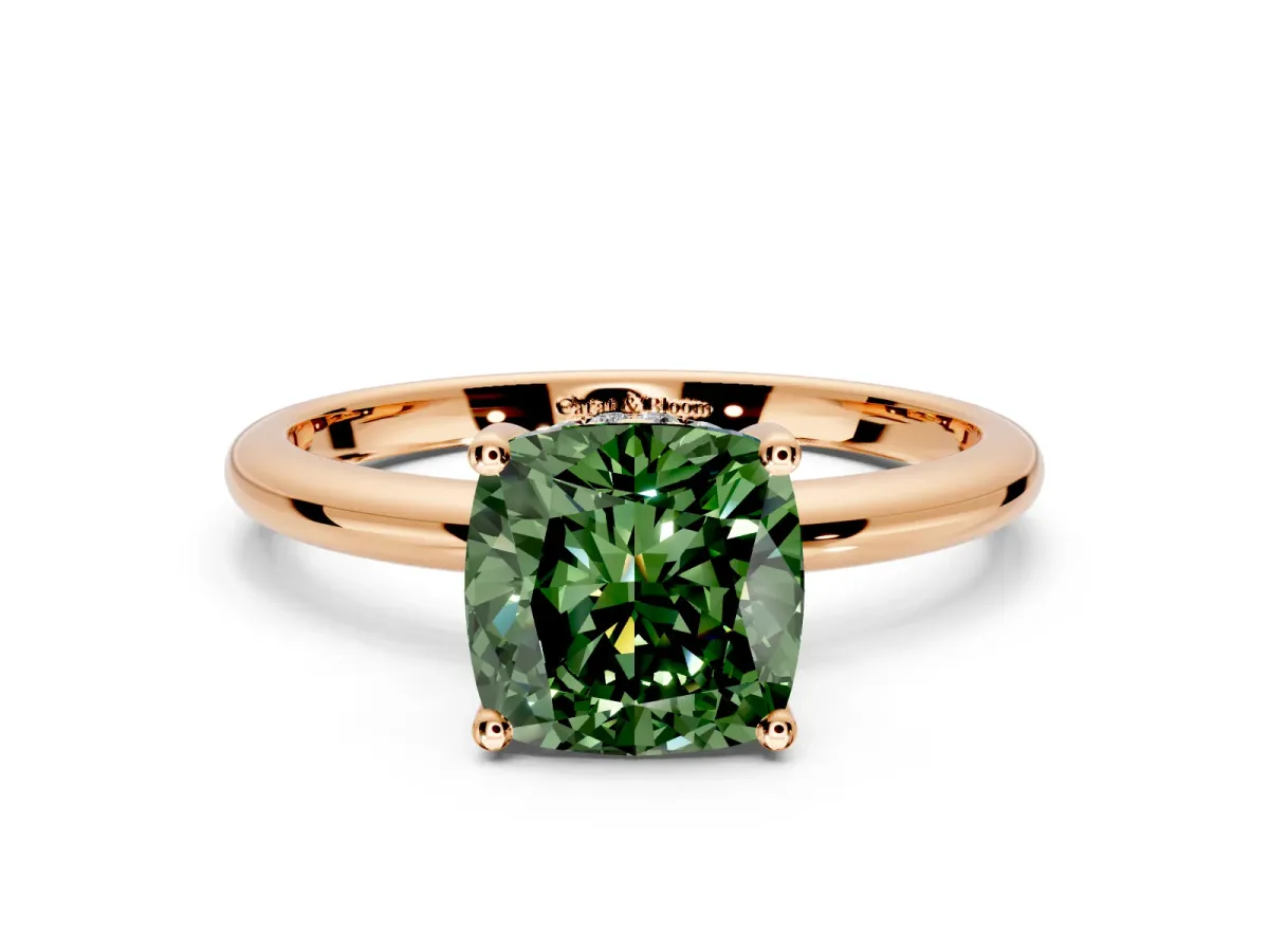 Hidden Halo Engagement Ring Setting for Fancy Green Cushion Cut Center with Thin Round-Wire Band and Prong Head in Rose Gold