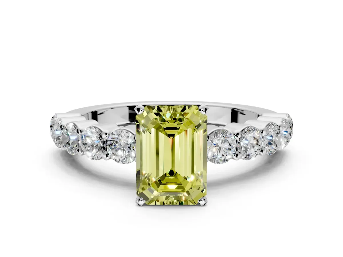 Shared-Prong Engagement Ring Setting for Fancy Yellow Emerald Cut Center with Graduated Accents and Prong Head in White Gold