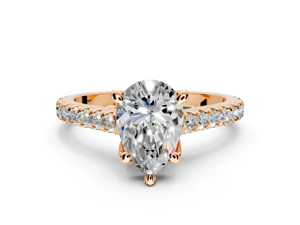 Solitaire Engagement Ring Setting for Pear-Shaped Center with Widening Pave Band and Claw Prong Head in Rose Gold