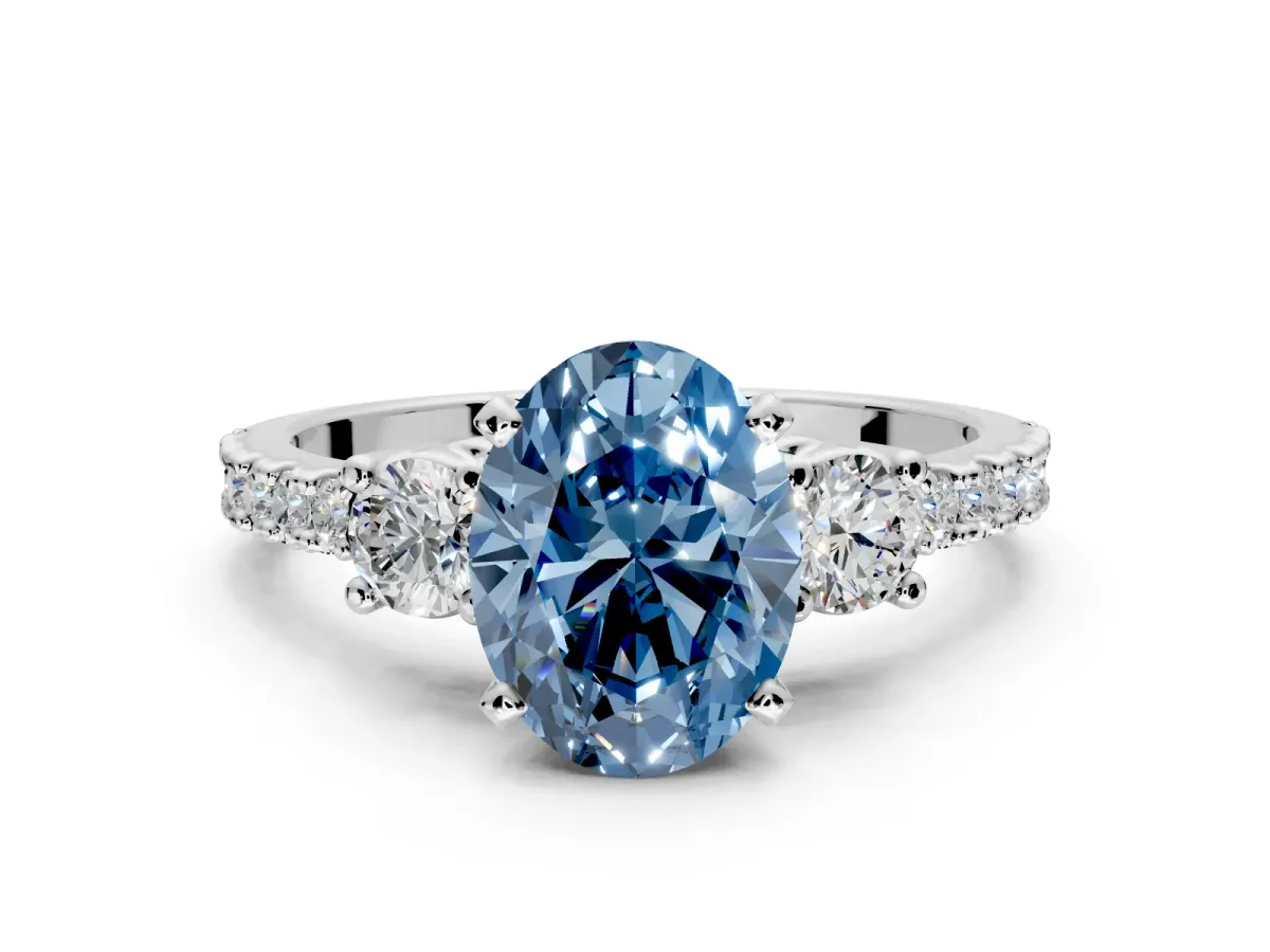 3 Stone Engagement Ring Setting for Fancy Blue Oval Center with Round Cut Side Accents and Prong Head in Sterling Silver
