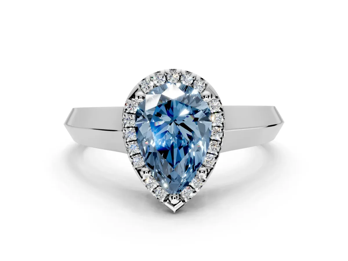 Halo Engagement Ring Setting for Fancy Blue Pear-Shaped Center with Knife Ridge Cathedral Band and Prong Head in Sterling Silver
