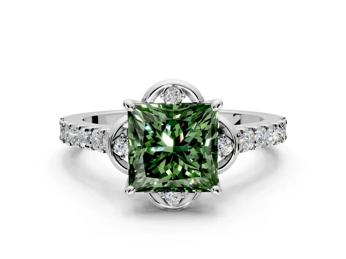 Floral Engagement Ring Setting for Fancy Green Princess Cut Center with Pave Band and Floral Prong Head in Platinum