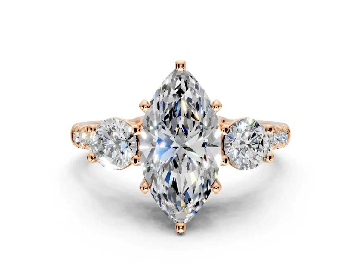 3 Stone Engagement Ring Setting for Marquise Center with Crossover Basket, Pave Band and Prong Head in Rose Gold