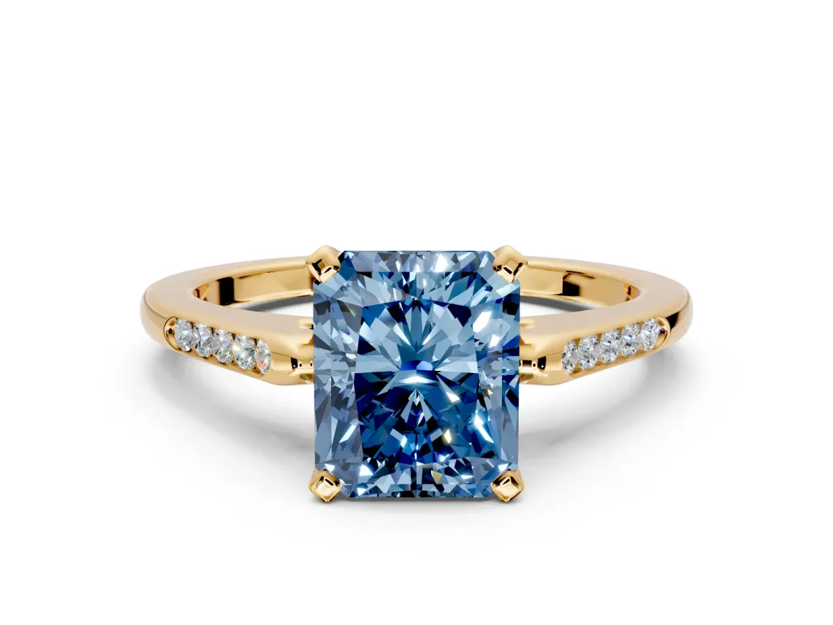 Solitaire Engagement Ring Setting for Fancy Blue Radiant Cut Center with Channel Accents and Prong Head in Yellow Gold