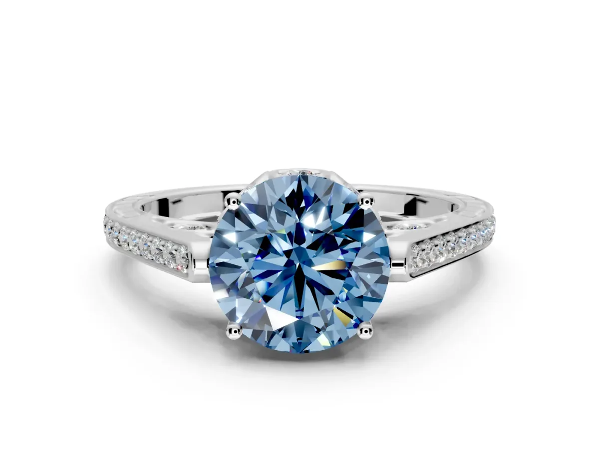 Cathedral Engagement Ring Setting for Fancy Blue Round Cut Center with Antique-Style Pave Band and Prong Head in Platinum