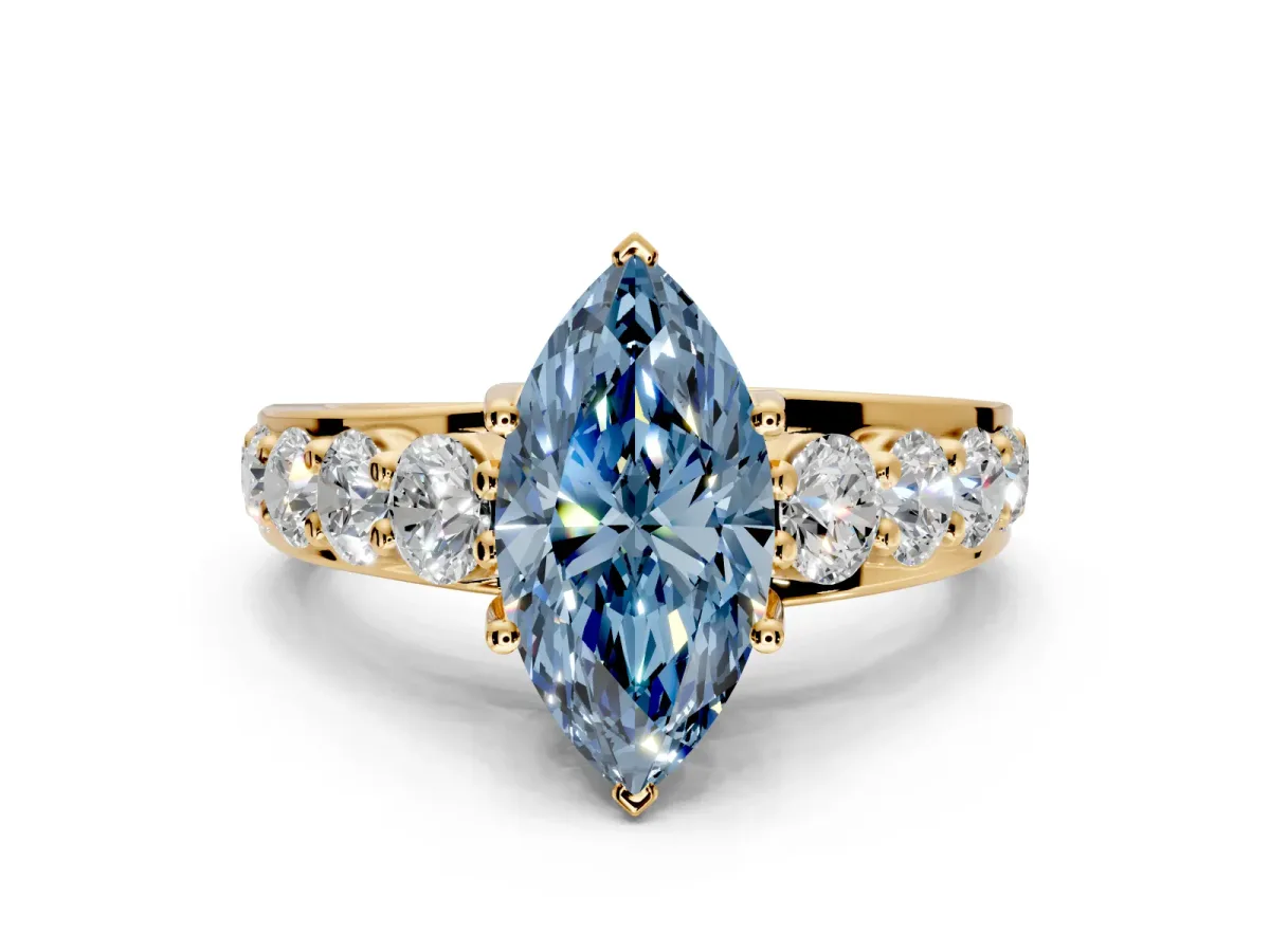 Solitaire Engagement Ring Setting for Fancy Blue Marquise Center with Graduated Shared Prongs and Prong Head in Yellow Gold