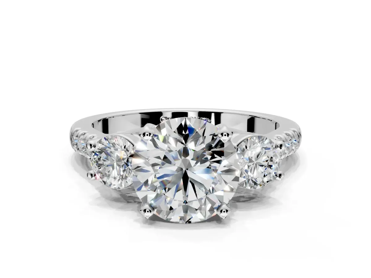 3 Stone Engagement Ring Setting for Round Cut Center with Crossover Basket, Pave Band and Prong Head in Sterling Silver