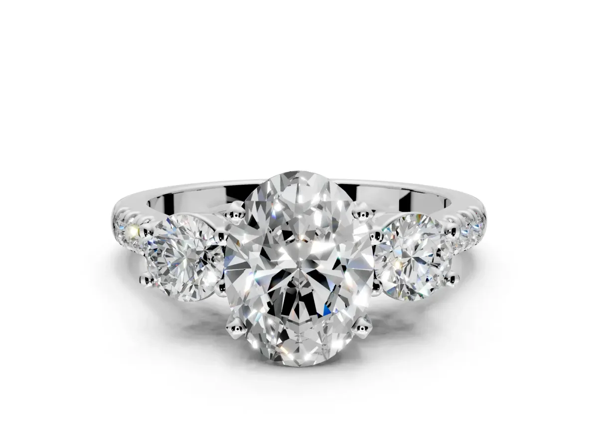 3 Stone Engagement Ring Setting for Oval Center with Crossover Basket, Pave Band and Prong Head in Platinum