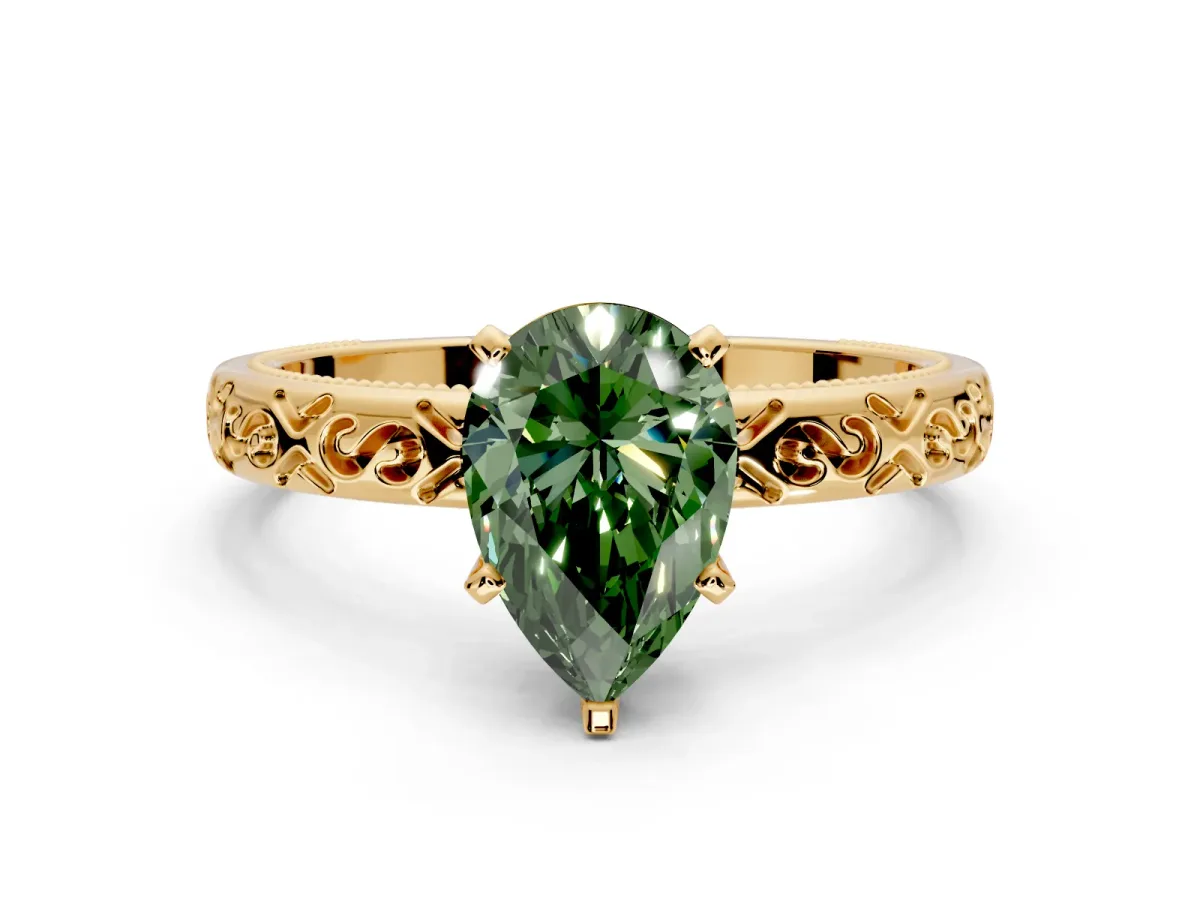 Solitaire Engagement Ring Setting for Fancy Green Pear-Shaped Center with Scrollwork Band and Prong Head in Yellow Gold