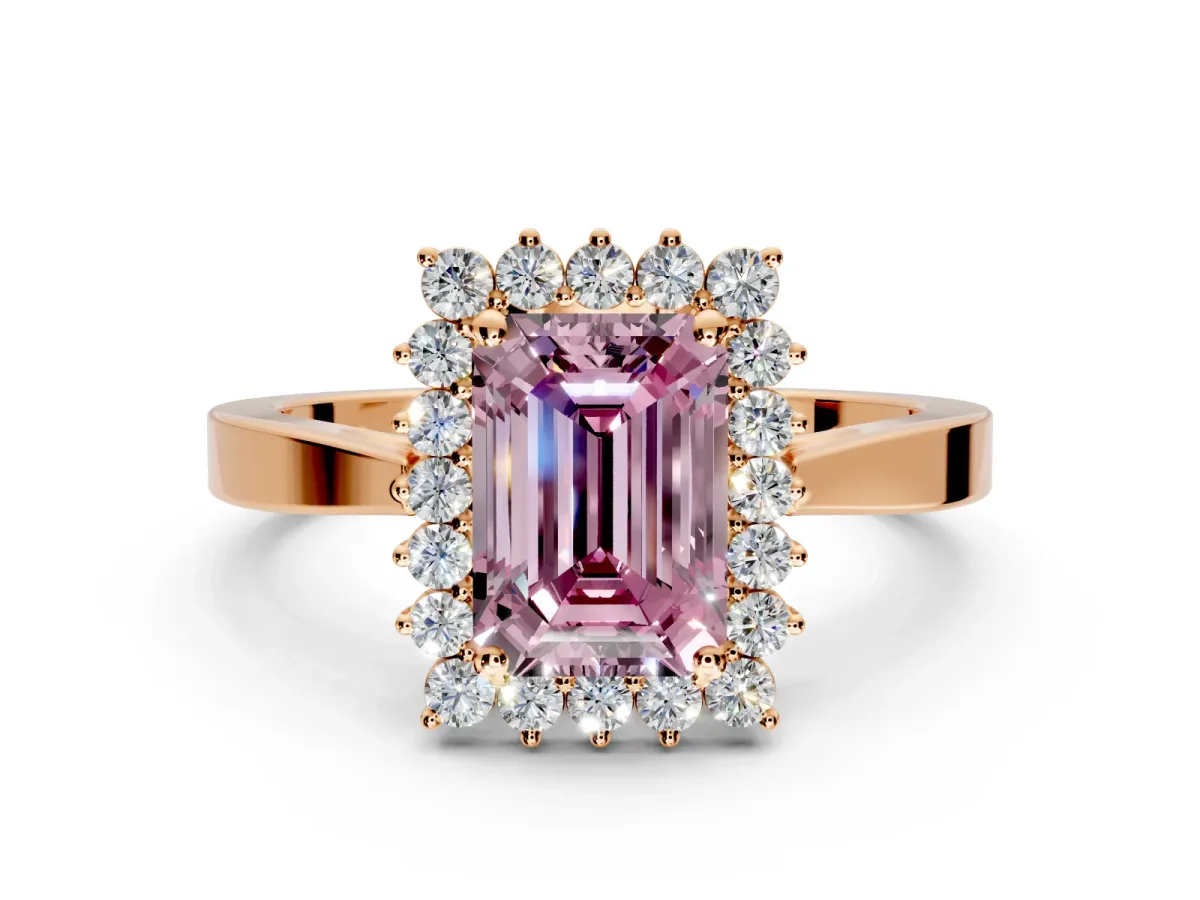 Starburst Halo Engagement Ring Setting for Fancy Pink Emerald Cut Center with Flat Cathedral Band and Prong Head in Rose Gold