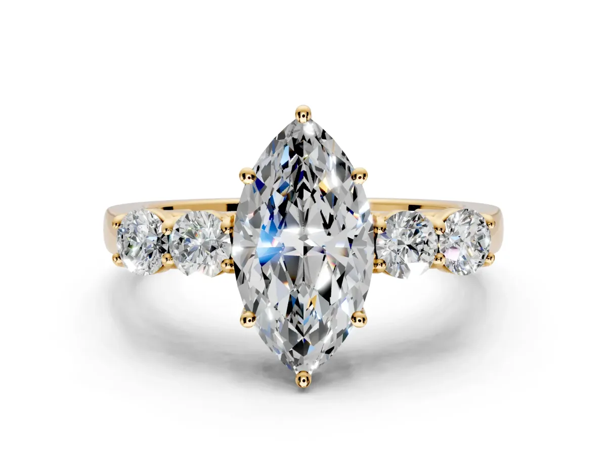 5 Stone Engagement Ring Setting for Marquise Center with Equal Close-Set Accents and Prong Head in Yellow Gold