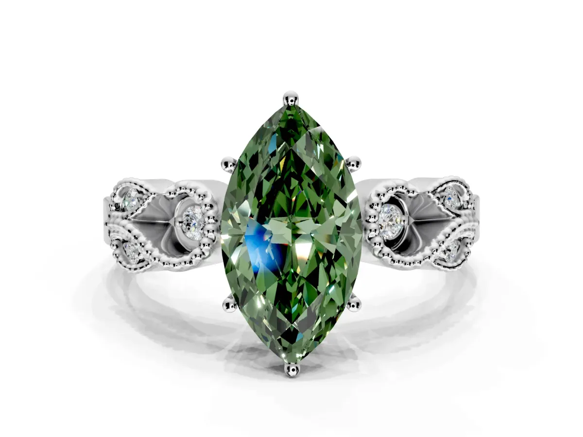 Leaf Engagement Ring Setting for Fancy Green Marquise Center with Milgrain Accent Band and Prong Head in Sterling Silver