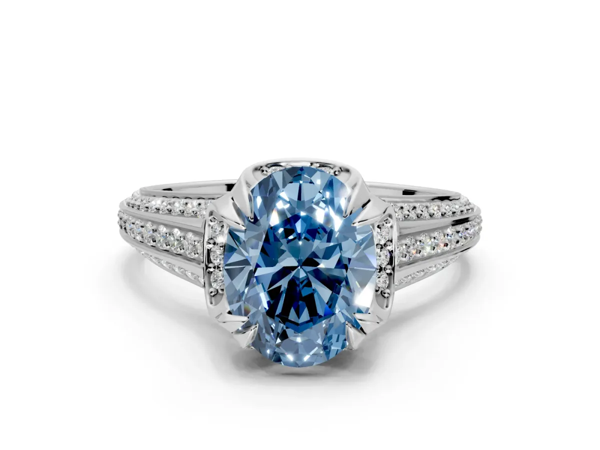 Solitaire Engagement Ring Setting for Fancy Blue Oval Center with Accented Split Shank and Prong Head in Platinum
