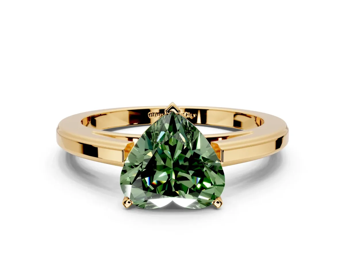Solitaire Engagement Ring Setting for Fancy Green Heart-Shaped Center with Flat-Sided Plain Band and Prong Head in Yellow Gold