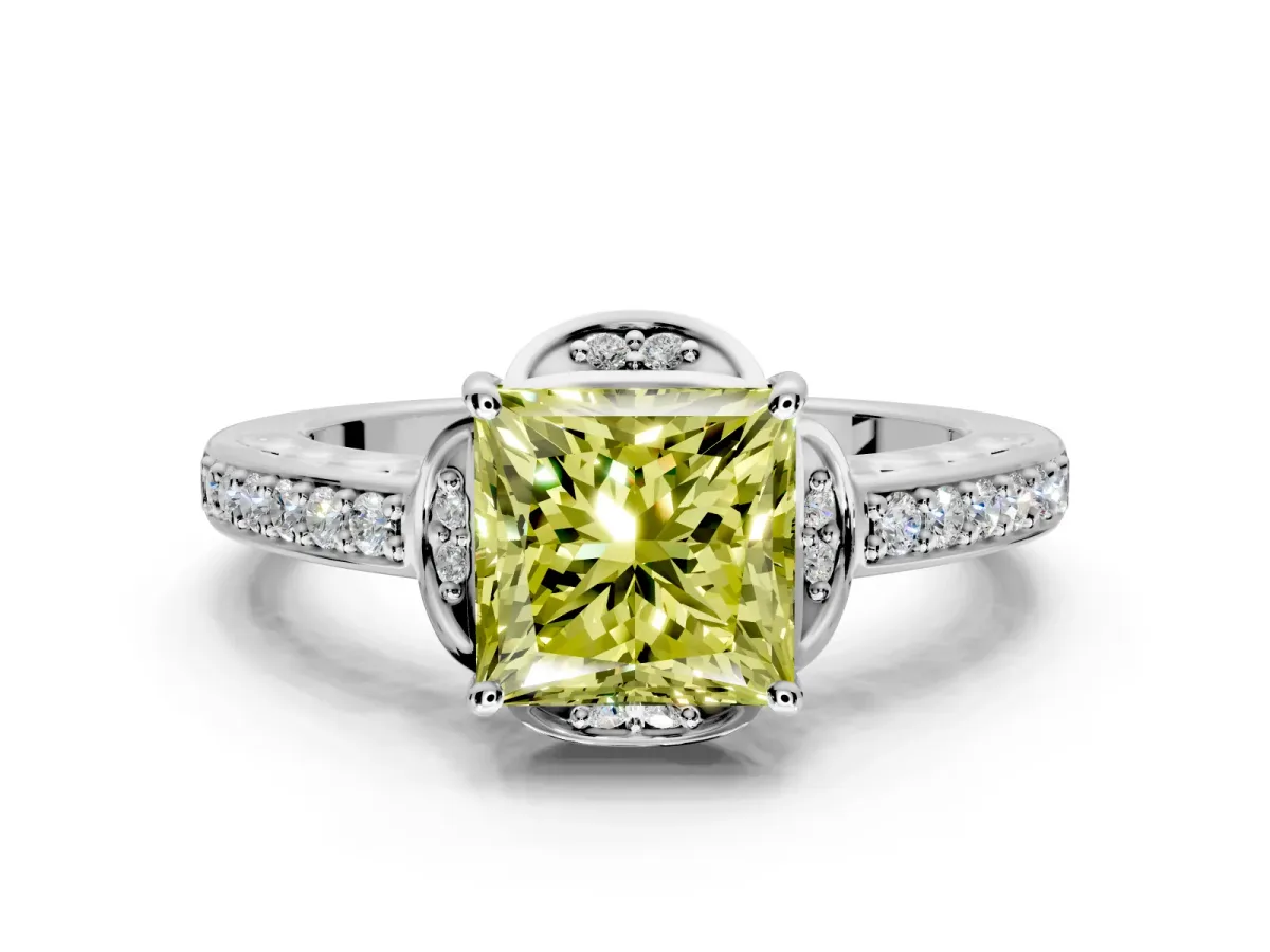 Floral Engagement Ring Setting for Fancy Yellow Princess Cut Center with Four Accent Clusters and Prong Head in Platinum