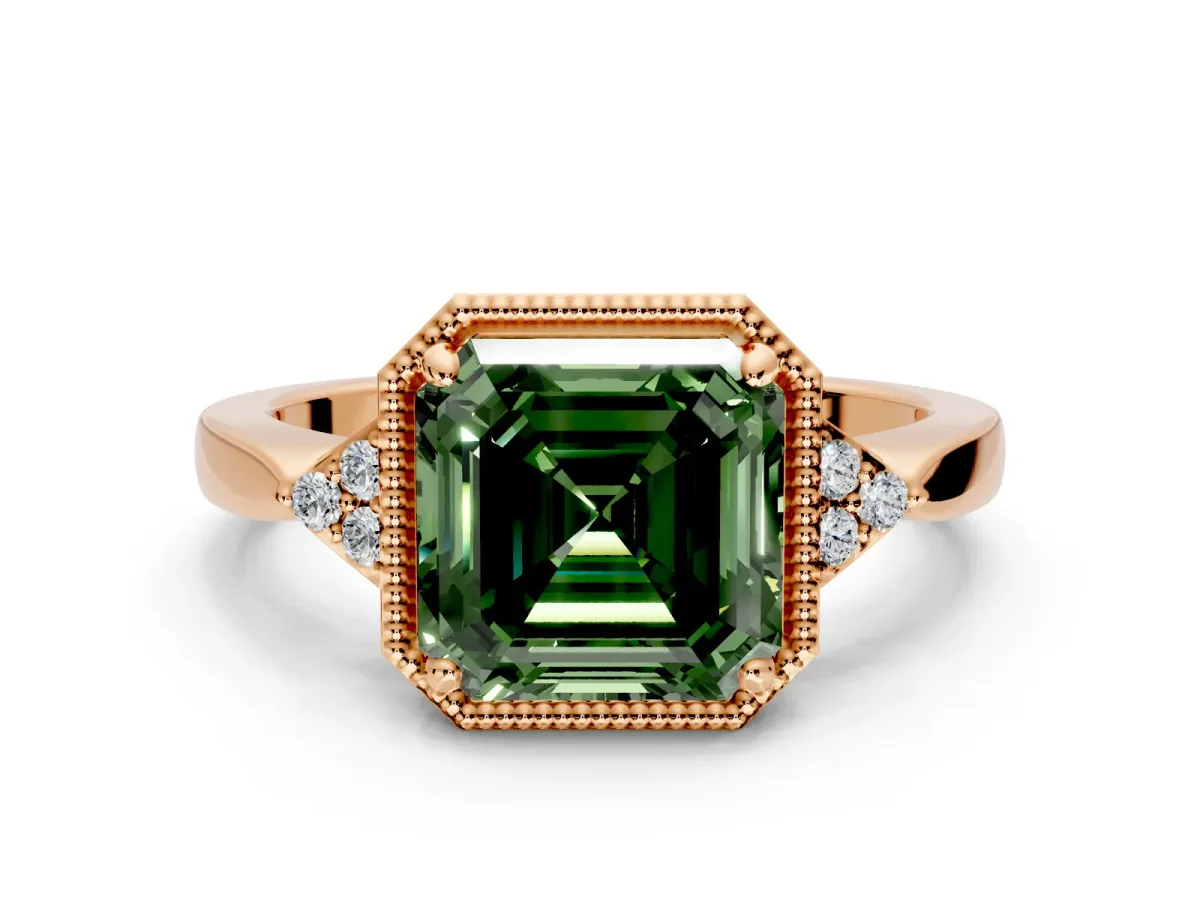 Cluster Engagement Ring Setting for Fancy Green Asscher Cut Center with Milgrain Shoulder Clusters and Prong Head in Rose Gold