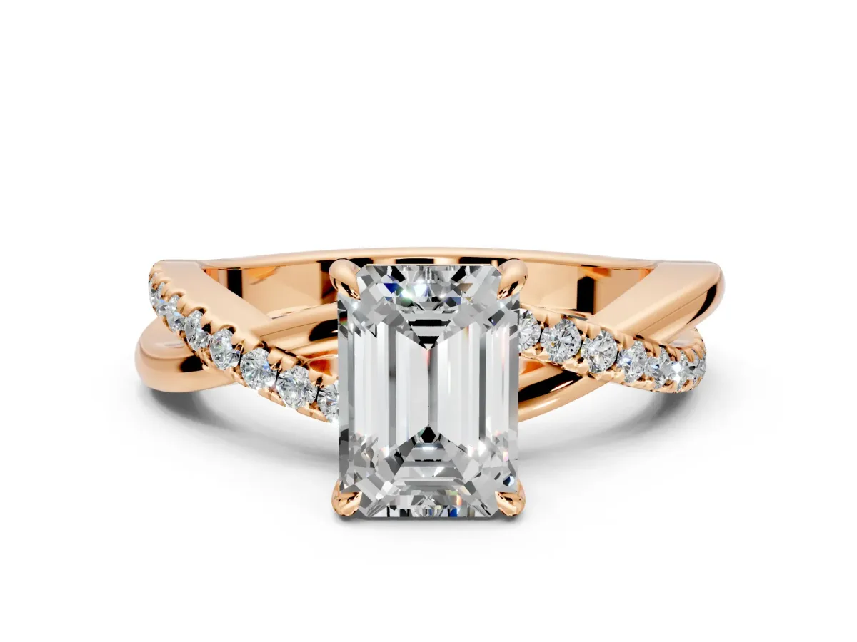 Crossover Engagement Ring Setting for Emerald Cut Center with Pave and Plain Strands and Prong Head in Rose Gold