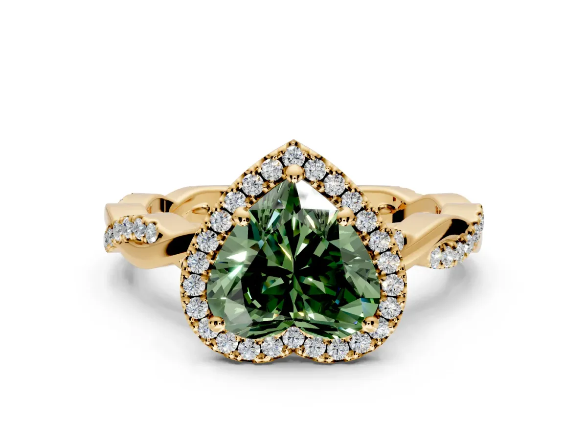 Halo Engagement Ring Setting for Fancy Green Heart-Shaped Center with Pave and Plain Twist Band and Prong Head in Yellow Gold