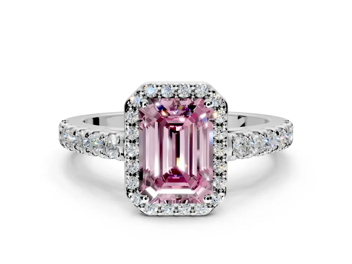 Halo Engagement Ring Setting for Fancy Pink Emerald Cut Center with Full Pave Band and Prong Head in Platinum