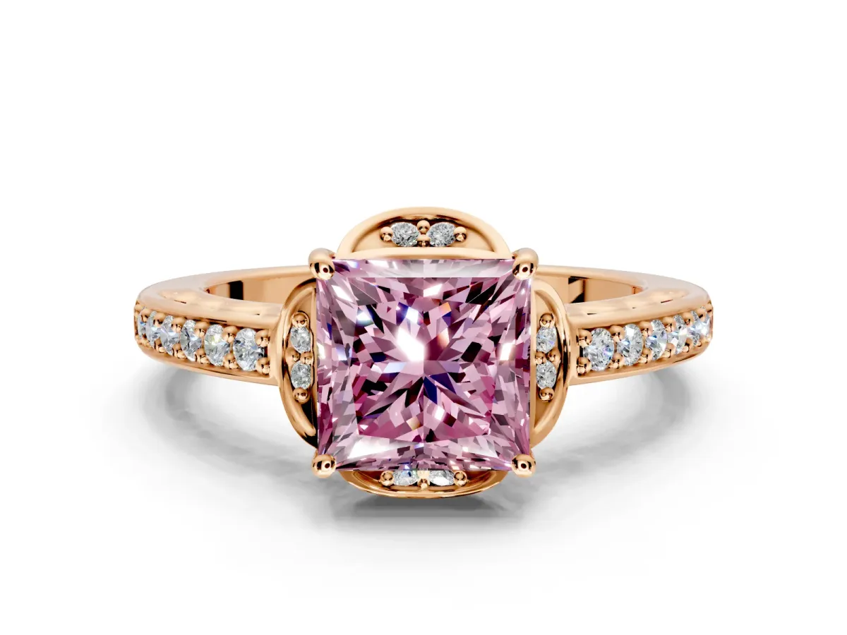 Floral Engagement Ring Setting for Fancy Pink Princess Cut Center with Four Accent Clusters and Prong Head in Rose Gold