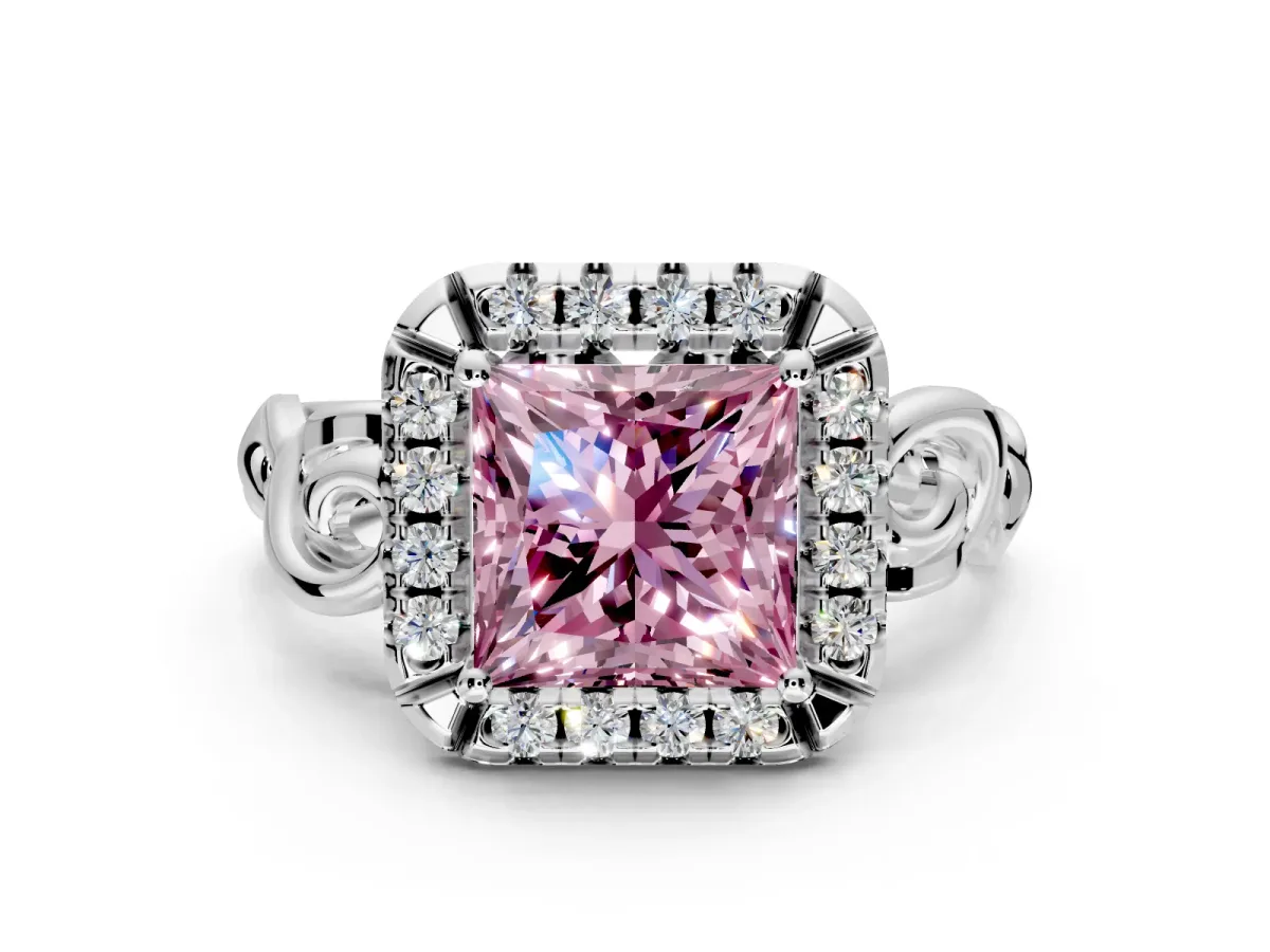 Halo Engagement Ring Setting for Fancy Pink Princess Cut Center with Open Scroll Shoulders and Prong Head in Platinum