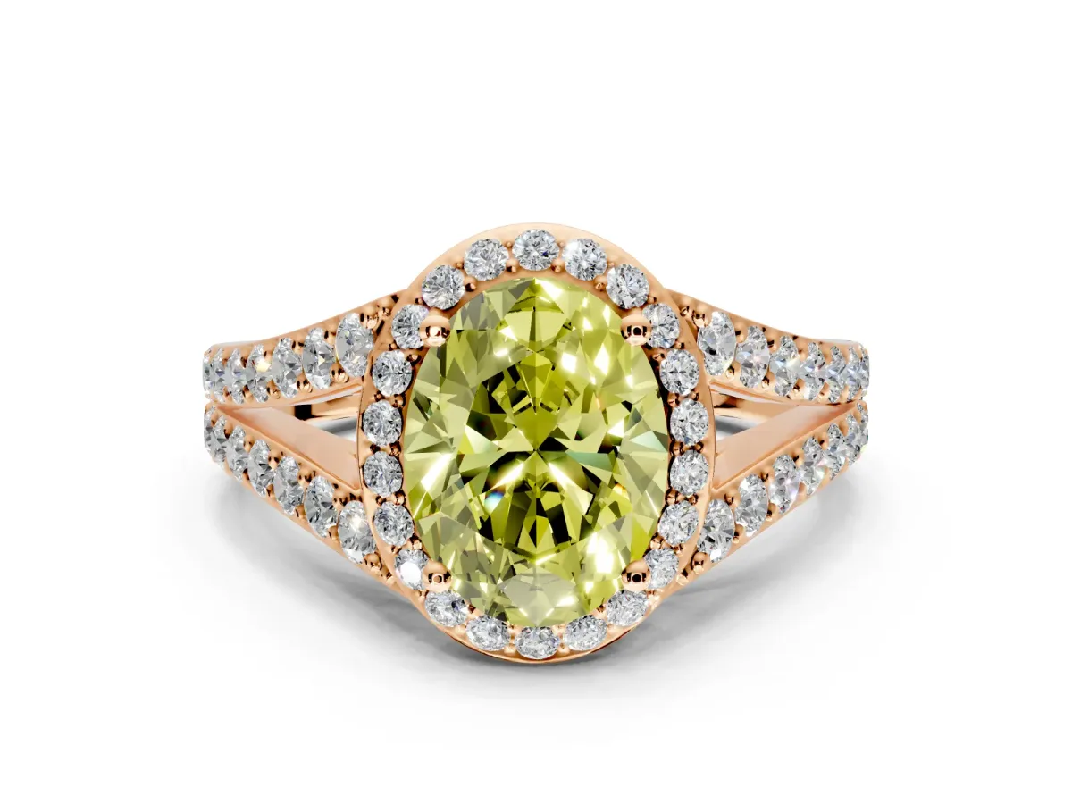 Halo Engagement Ring Setting for Fancy Yellow Oval Center with Narrow Pave Split Shank and Prong Head in Rose Gold