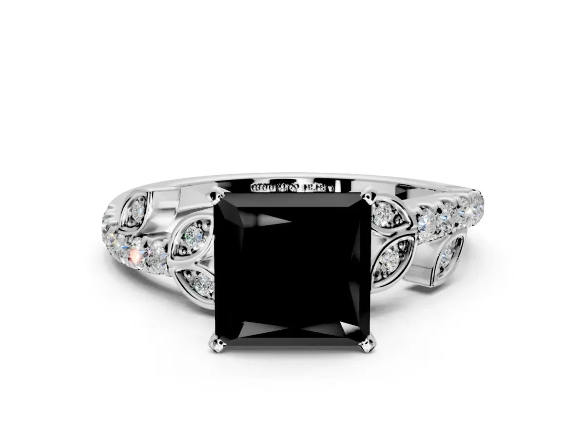 Leaf Motif Engagement Ring Setting for Fancy Black Princess Cut Center with Pave Band and Prong Head in Sterling Silver