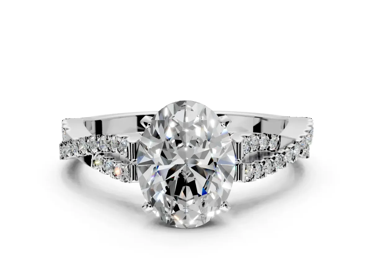 Solitaire Engagement Ring Setting for Oval Center with Twisted Pave Split Shank and Prong Head in Platinum