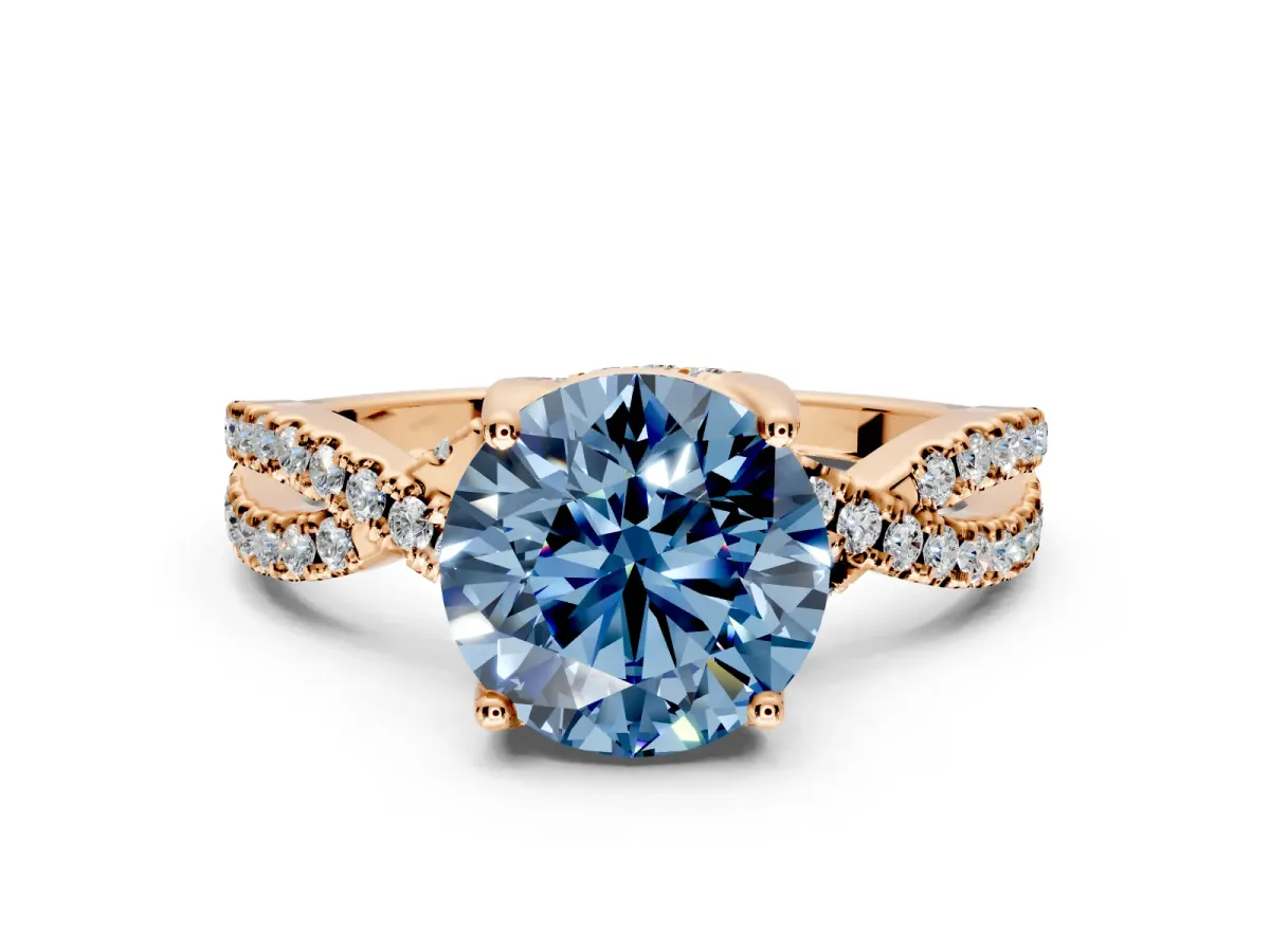 Solitaire Engagement Ring Setting for Fancy Blue Round Cut Center with Narrow Twist Pave Band and Prong Head in Rose Gold