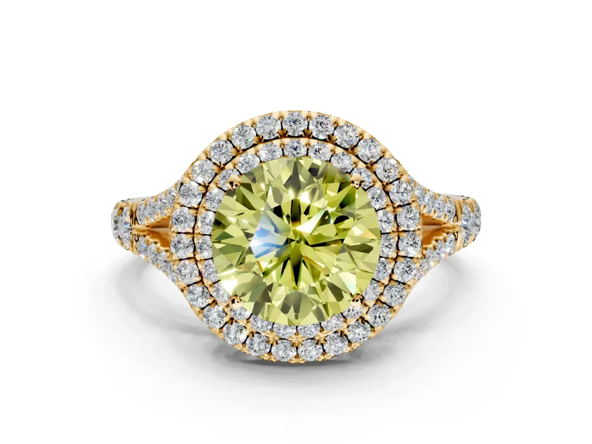 Double Halo Engagement Ring Setting for Fancy Yellow Round Cut Center with Narrow Pave Split Shank and Prong Head in Yellow Gold