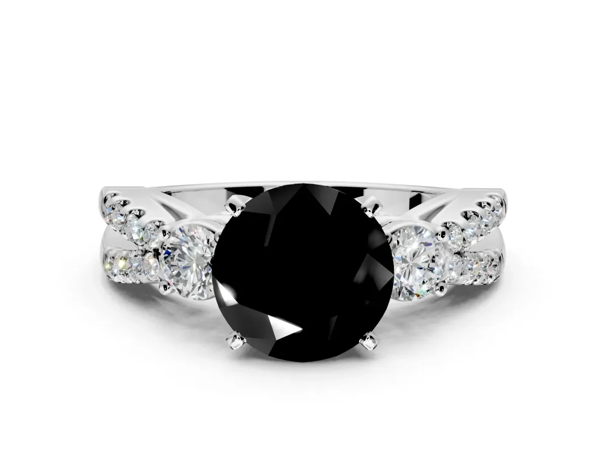 3 Stone Engagement Ring Setting for Fancy Black Round Cut Center with Pave Split Shank and Prong Head in Platinum