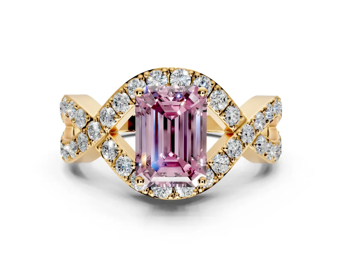 Halo Engagement Ring Setting for Fancy Pink Emerald Cut Center with Pave Infinity Twist Band and Prong Head in Yellow Gold