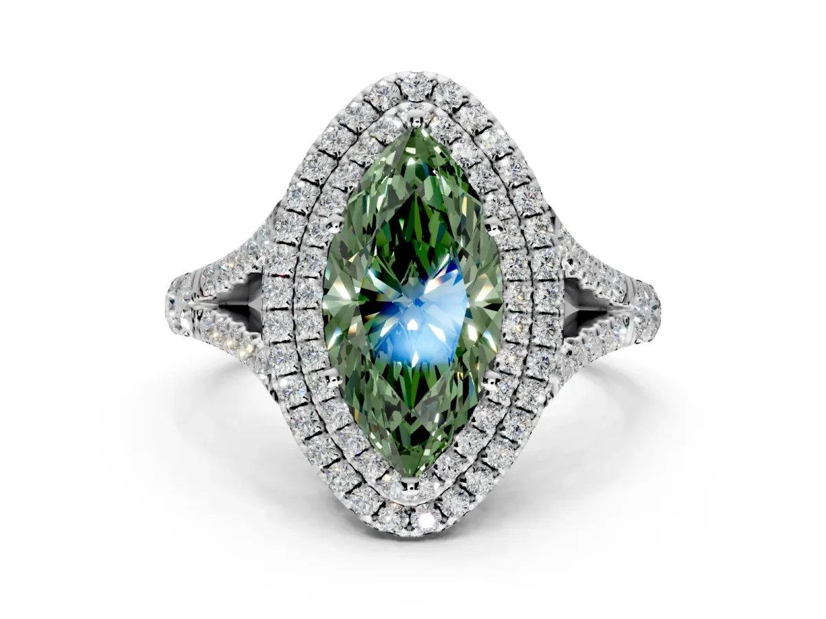 Double Halo Engagement Ring Setting for Fancy Green Marquise Center with Narrow Pave Split Shank and Prong Head in White Gold