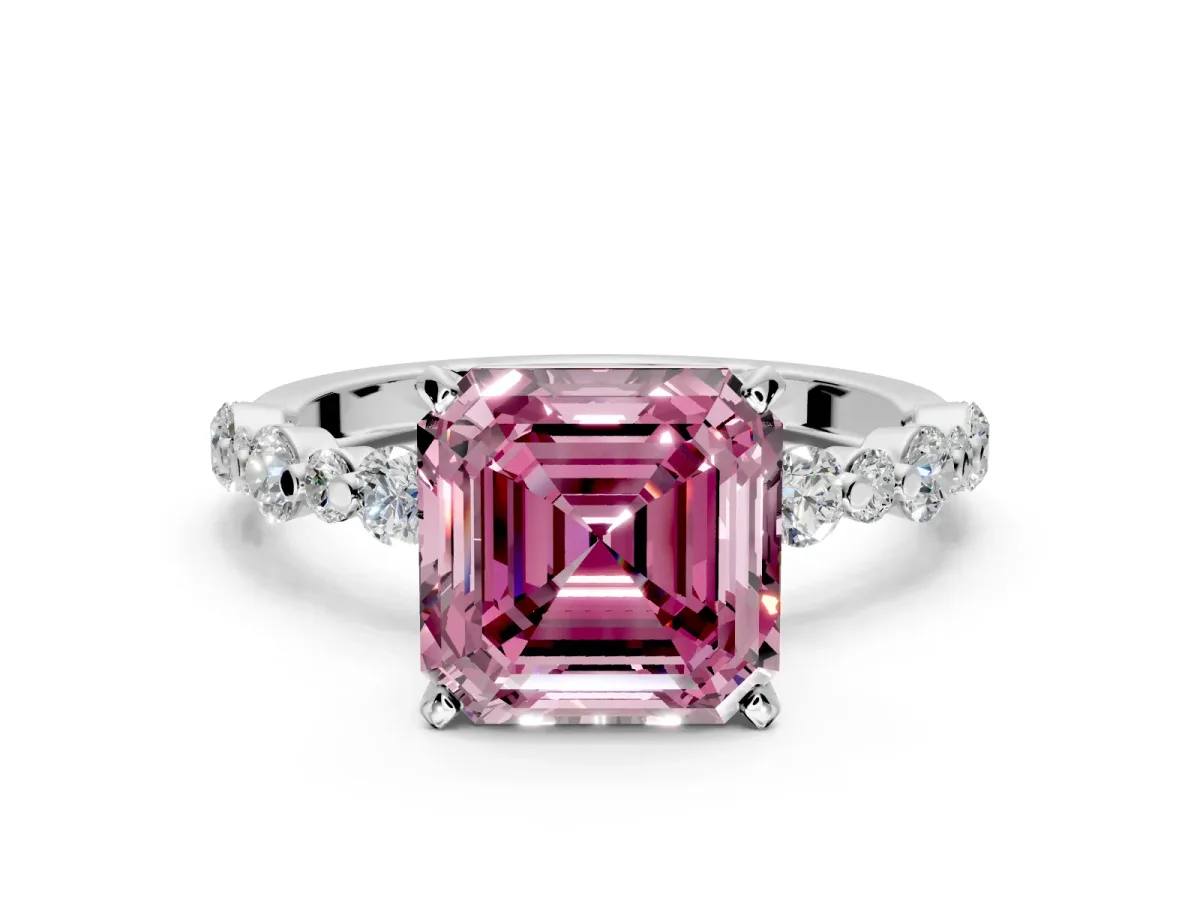Solitaire Engagement Ring Setting for Fancy Pink Asscher Cut Center with Alternating Size Accents and Prong Head in Sterling Silver