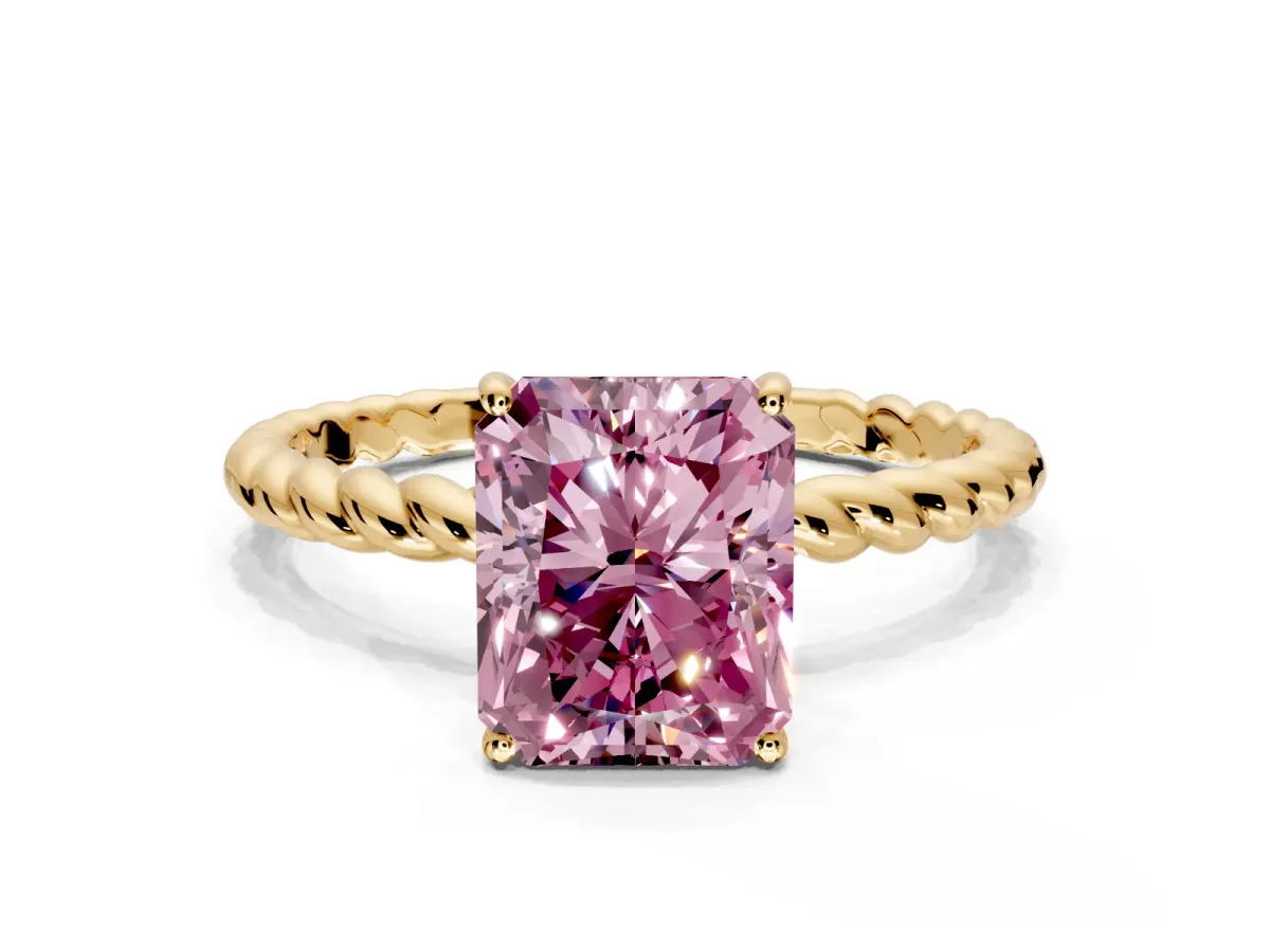 Solitaire Engagement Ring Setting for Fancy Pink Radiant Cut Center with Plain Twisted Rope Band and Prong Head in Yellow Gold