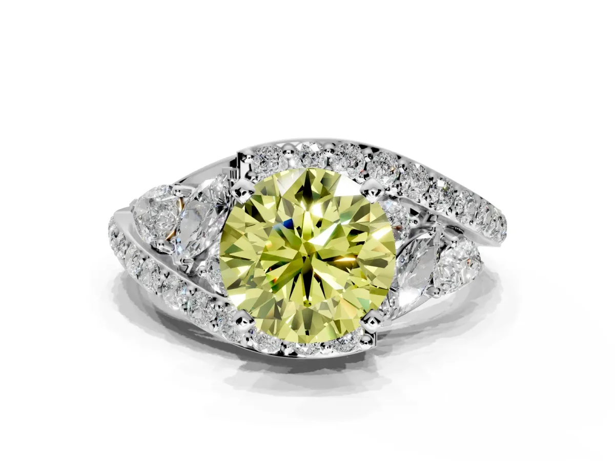 Halo Engagement Ring Setting for Fancy Yellow Round Cut Center with Marquise and Pave Bypass Band and Prong Head in White Gold