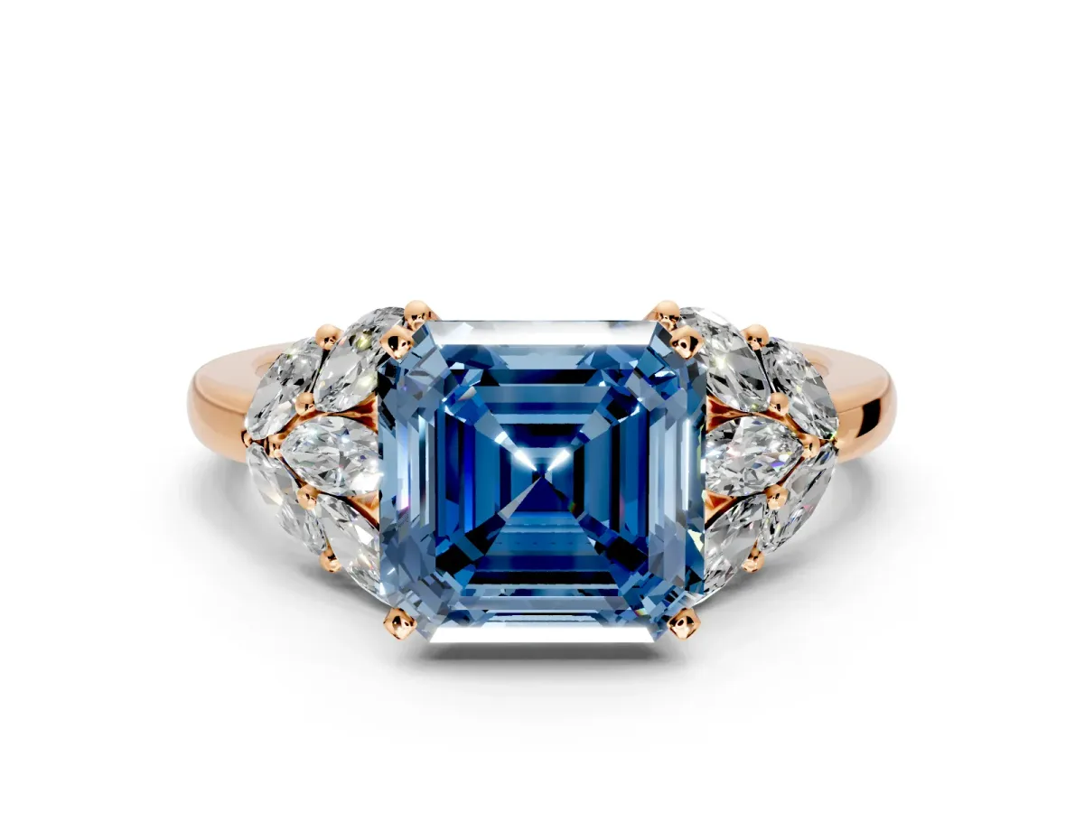 Leaf Cluster Engagement Ring Setting for Fancy Blue Asscher Cut Center with Marquise Accents and Prong Head in Rose Gold