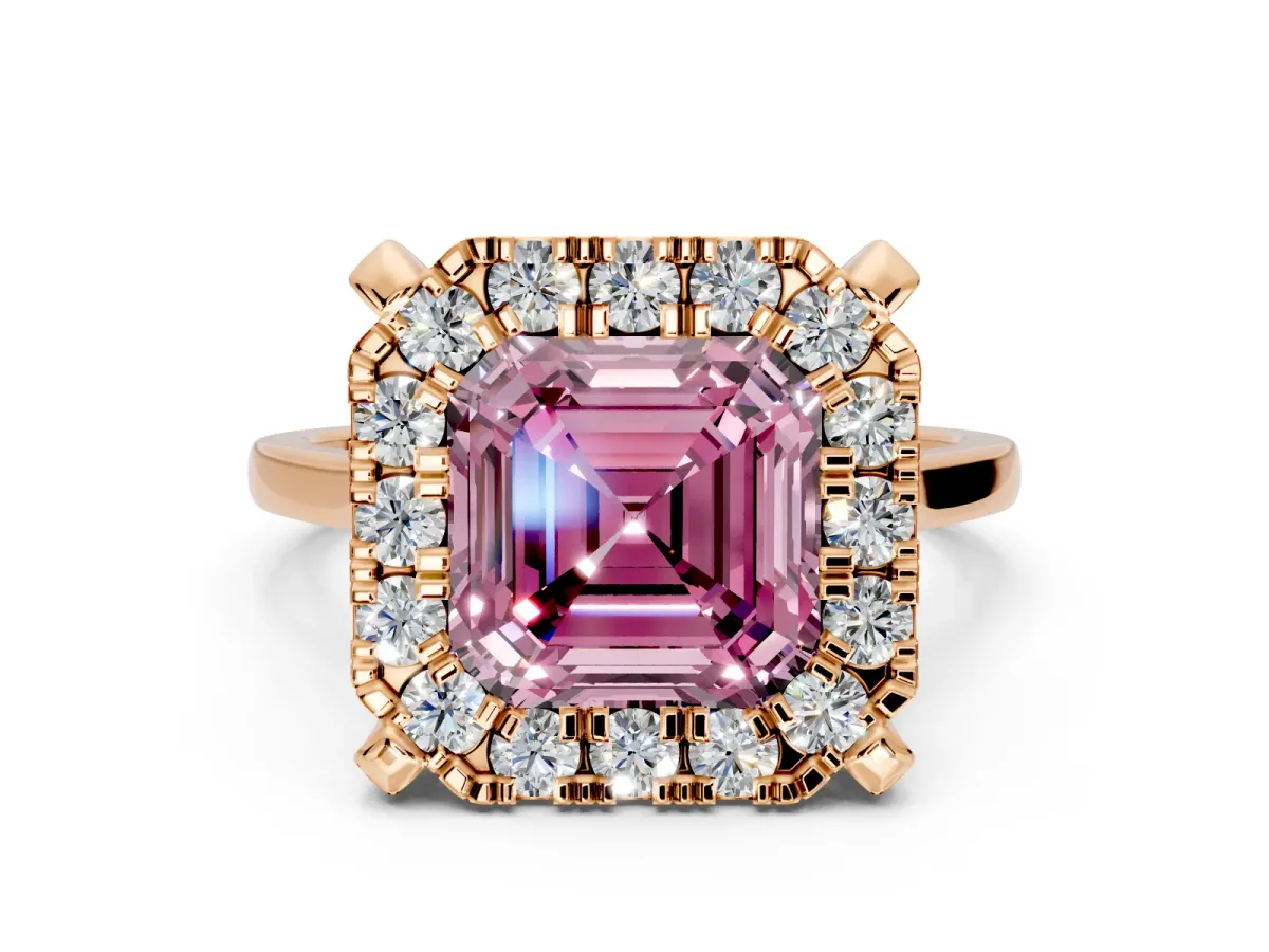 Single Halo Engagement Ring Setting for Fancy Pink Asscher Cut Center with Corner Claws, Plain Band and Prong Head in Rose Gold
