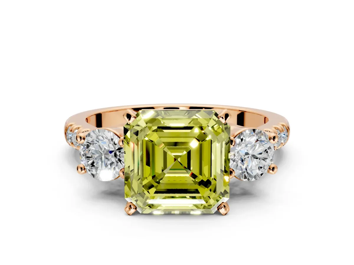3 Stone Engagement Ring Setting for Fancy Yellow Asscher Cut Center with Crossover Basket, Pave Band and Prong Head in Rose Gold