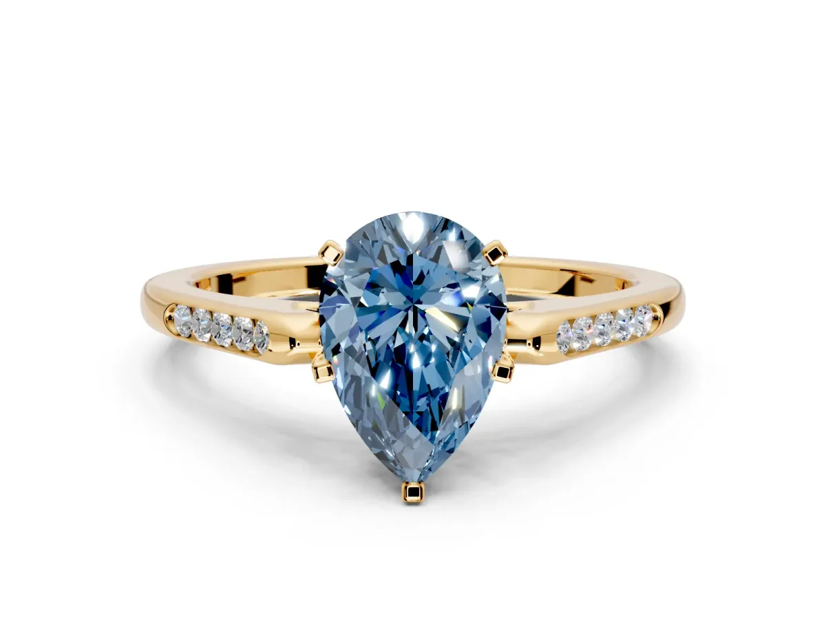 Solitaire Engagement Ring Setting for Fancy Blue Pear-Shaped Center with Channel Accents and Prong Head in Yellow Gold