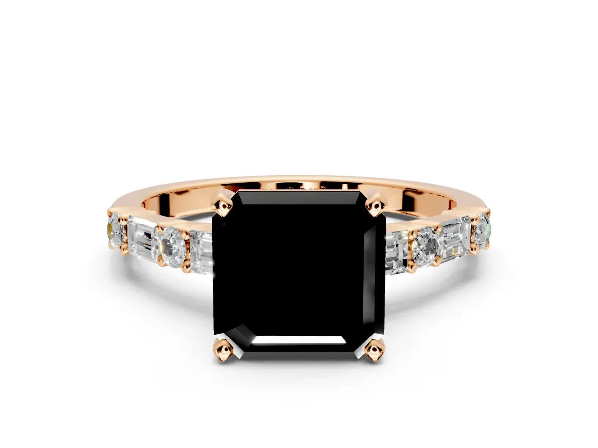 Baguette Engagement Ring Setting for Fancy Black Asscher Cut Center with Alternating Bar-Set Band and Prong Head in Rose Gold