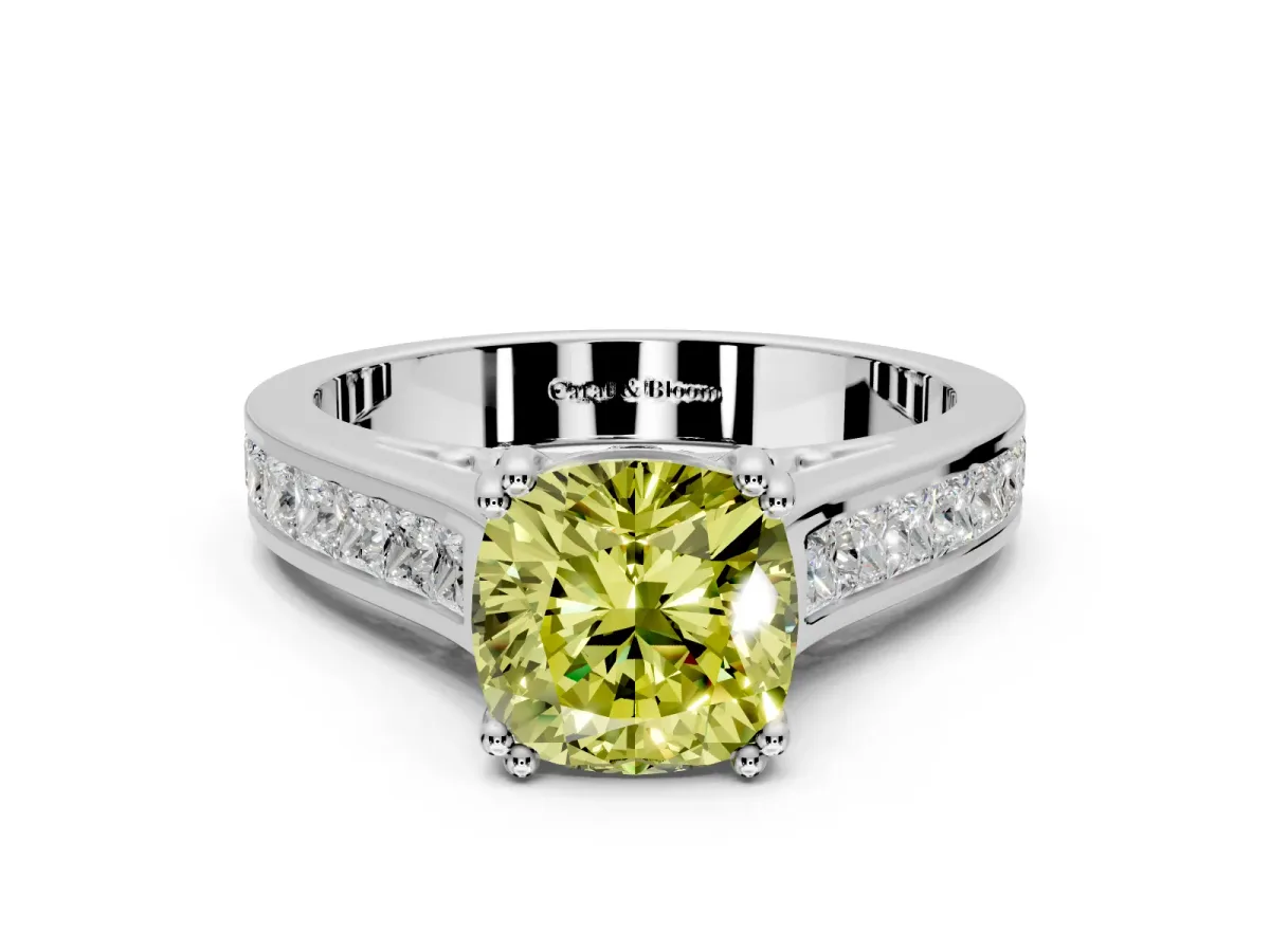 Solitaire Engagement Ring Setting for Fancy Yellow Cushion Cut Center with Channel Band and Double Claw Prong Head in Platinum