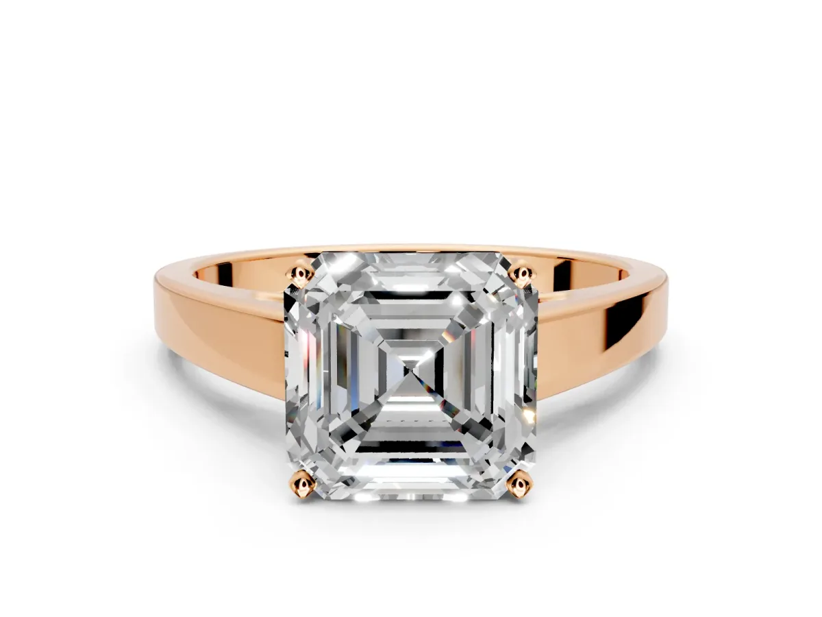 Solitaire Engagement Ring Setting for Asscher Cut Center with Tapered Split Shoulders and Prong Head in Rose Gold